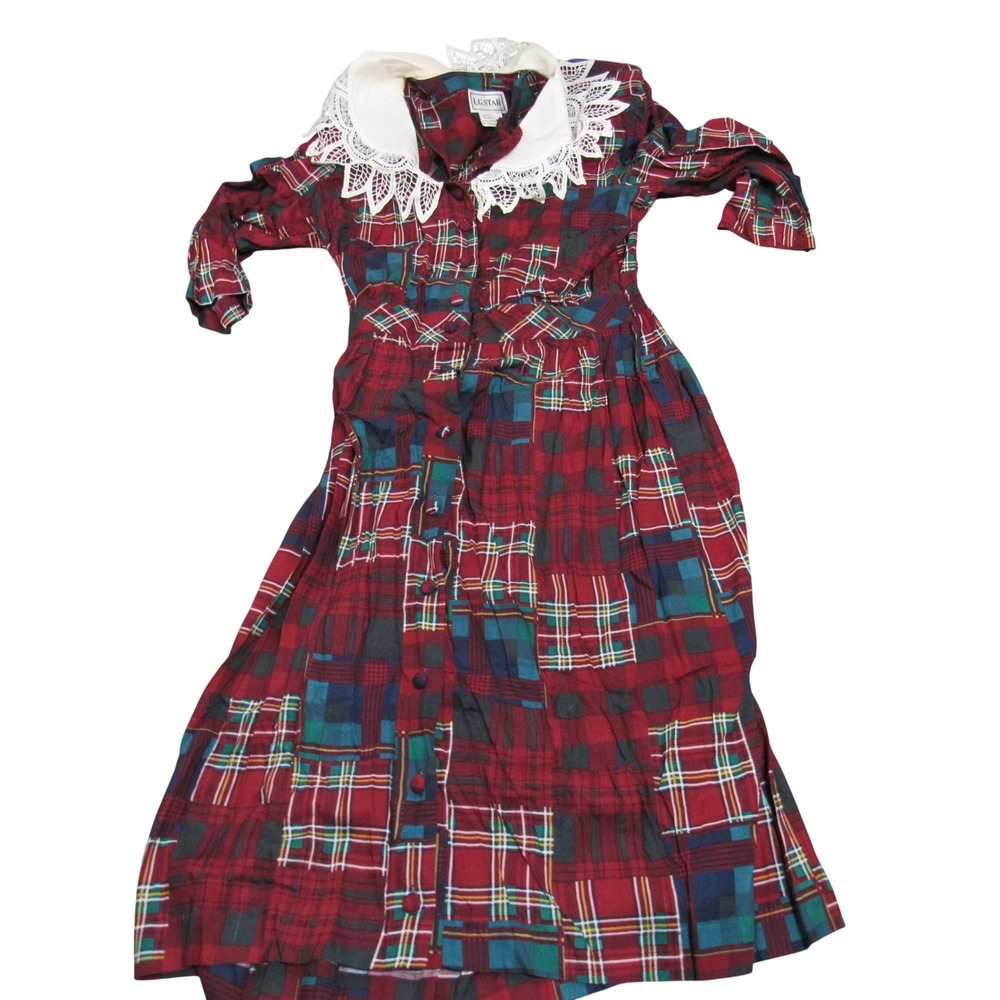 LG Star Vintage Red‎ Patchwork Plaid Lace Collar Midi Dress Womens 14 Rayon 90s